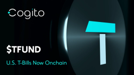 Logo of Cogito featuring a stylised letter 'T' in a teal color against a circular black background. The text "$TFUND U.S. T-Bills Now Onchain" is displayed in white underneath the logo.
